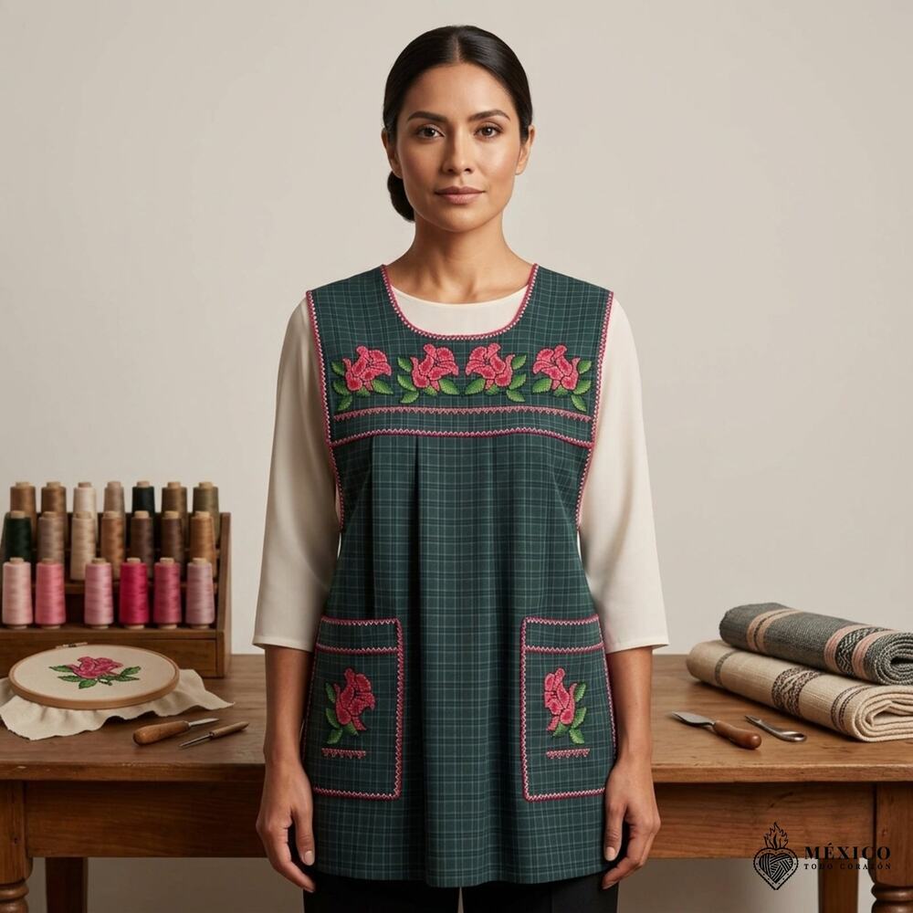 Traditional Mexican Cross-Stitch Embroidered Apron – Deluxe Artisan Smock Style